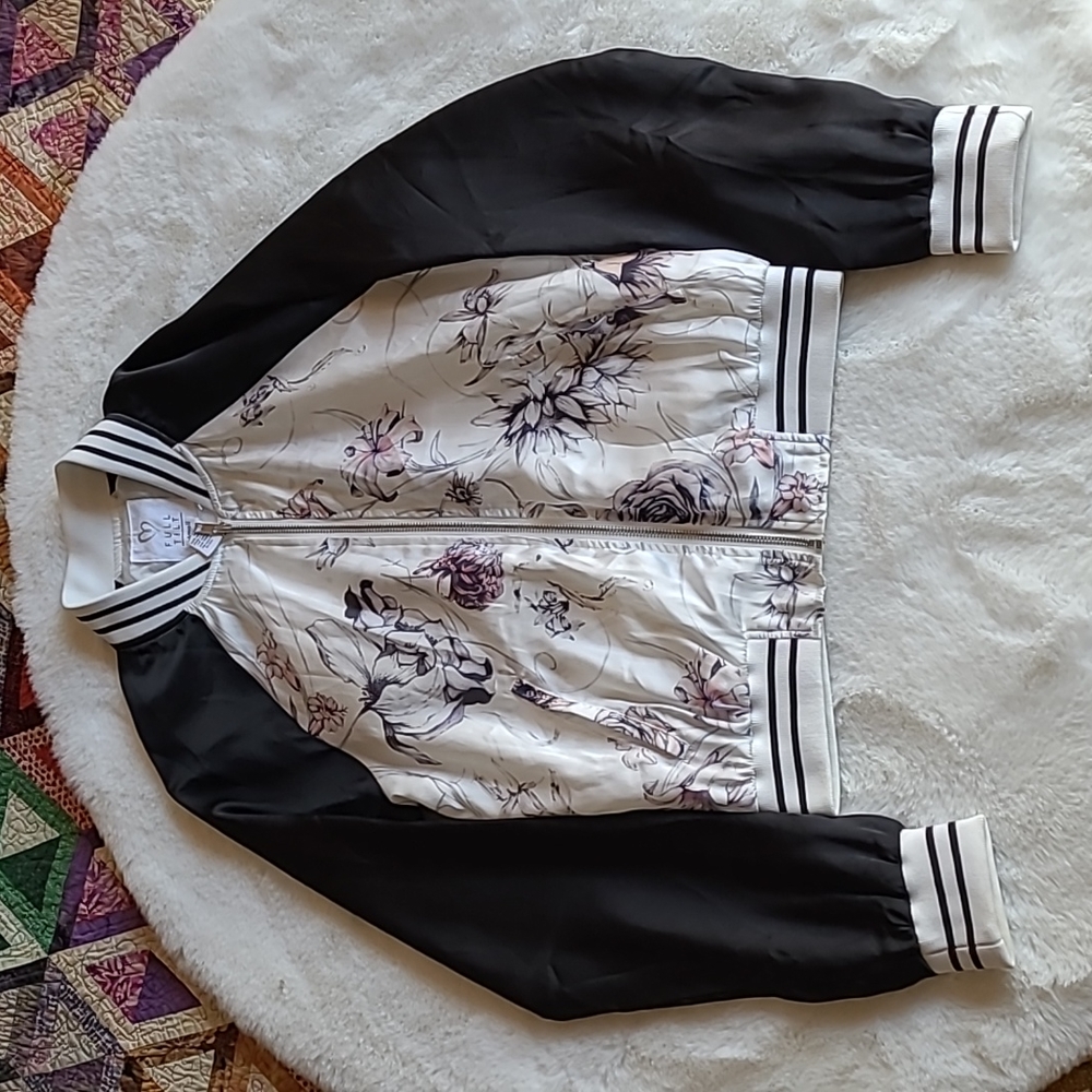 Full Tilt Black Silky Floral Contrast Full Zip Casual  Bomber Jacket